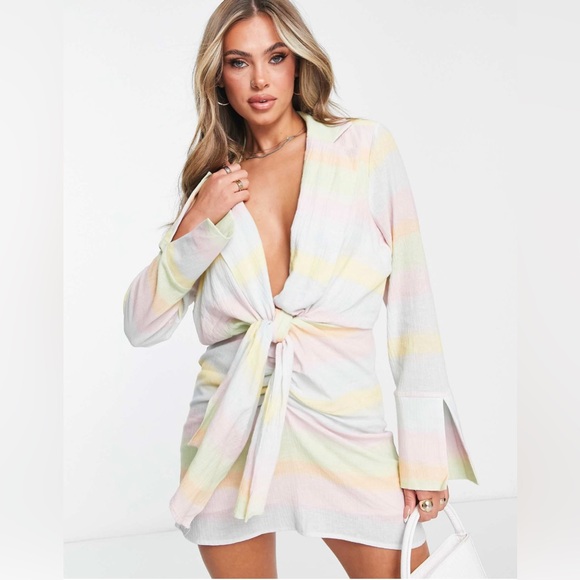 ASOS Dresses & Skirts - NWT - NA-KD X Louisa Wallin knot front mini shirt dress in rainbow stripe